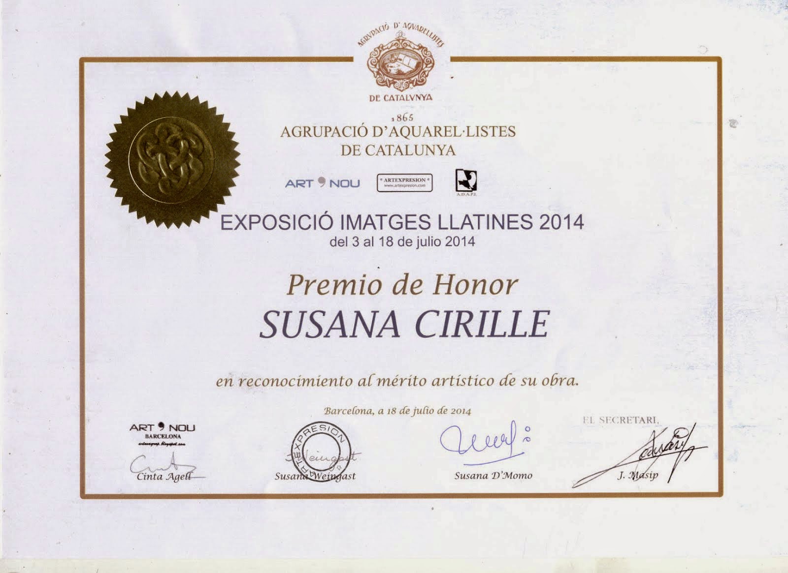 PREMIO DE HONOR A LA OBRA "MIMOS" - 2014