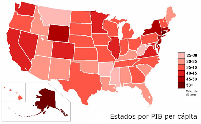 pib per cápita por estado en Estados Unidos
