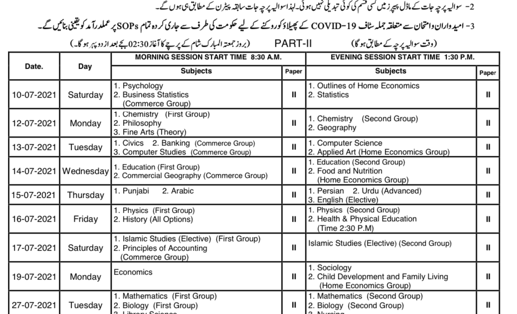 Date Sheet Gujranwala Board Inter Part 2 2021 Annual Exam All