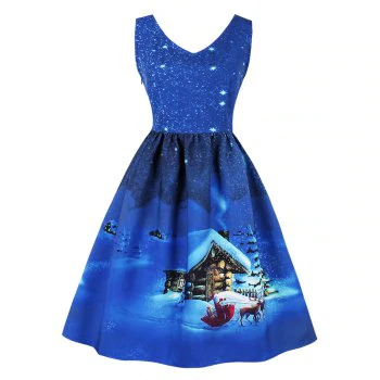 Snowflake Cottage Print Christmas Dress