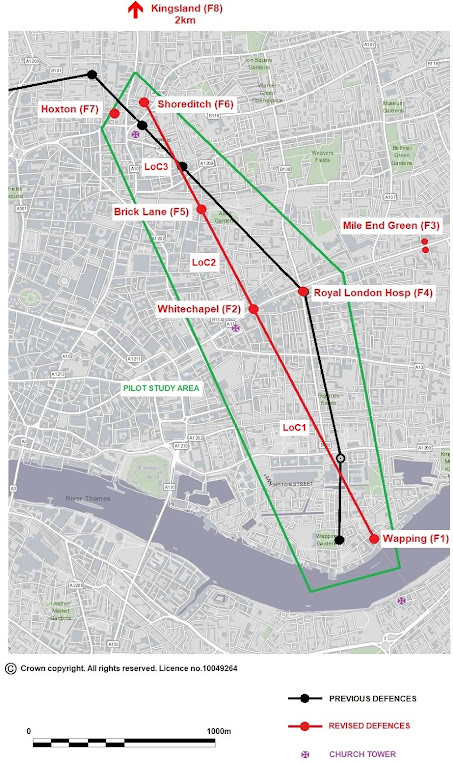The boundary of the pilot study undertaken by Mills Whipp Projects is enclosed within the green line. The previously-thought course of the defences is shown in black, whilst the revised course is shown as a red line. The forts are signified as F-numbers (F1, F2, etc.), and the connecting lines as LoC-numbers (LoC1, LoC2, etc.).