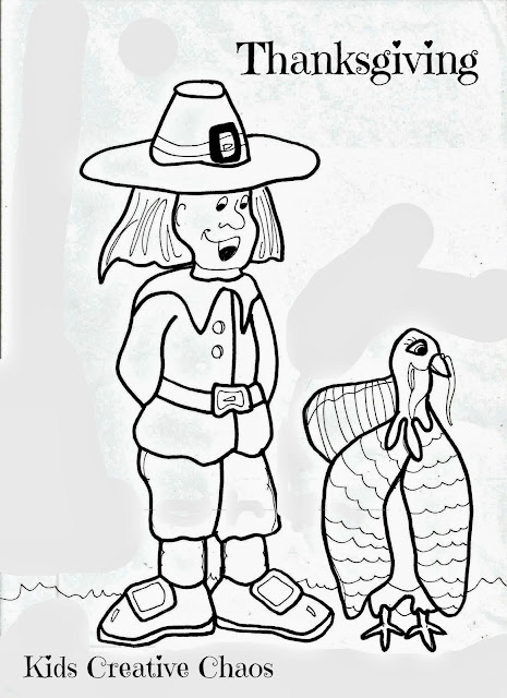 Thanksgiving turkey and pilgrim free printable coloring page.