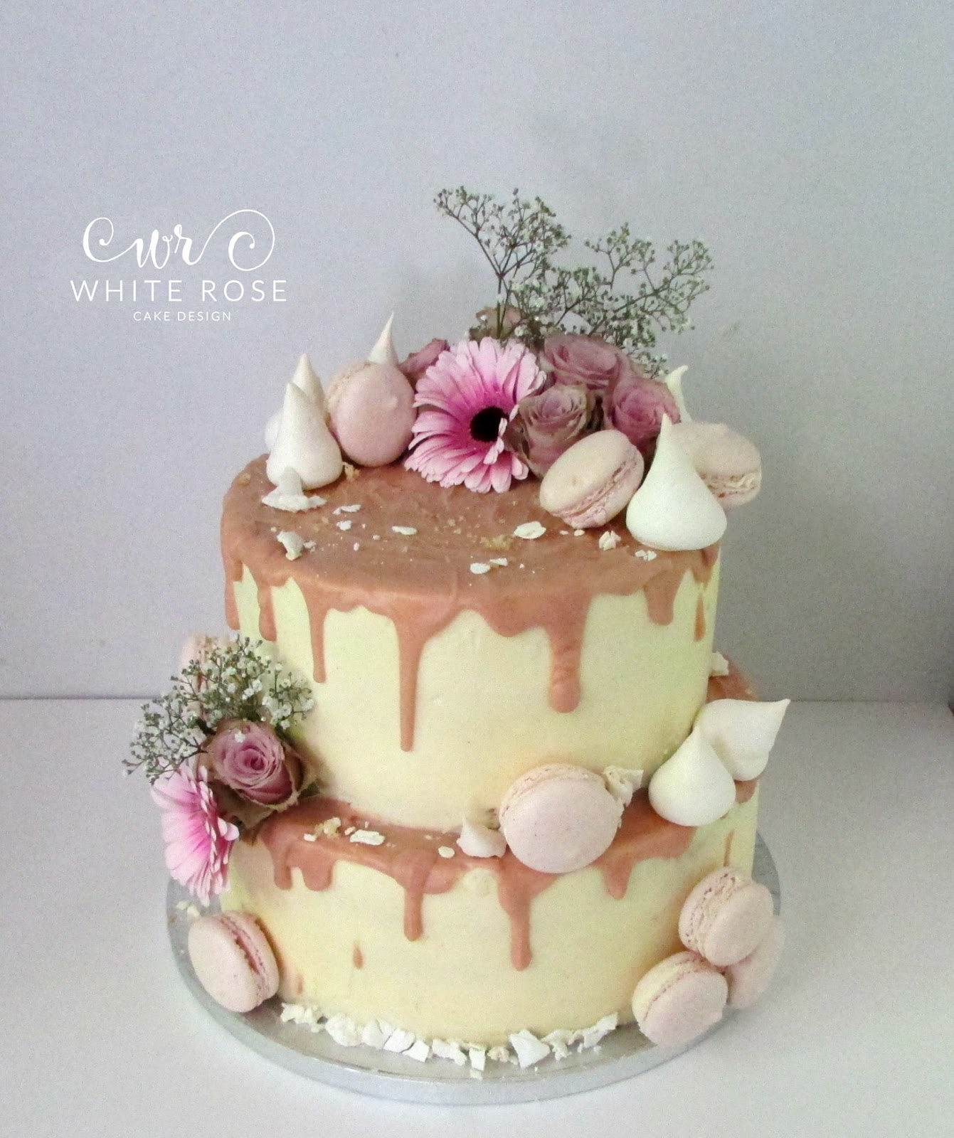 Two Tier Blush Pink Drippy Cake White Rose Cake Design