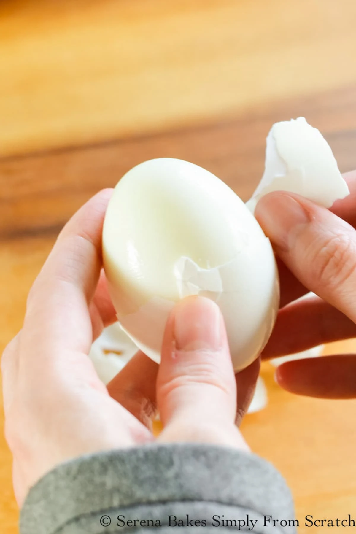 The shell easily peeling off a perfect hard boiled egg.