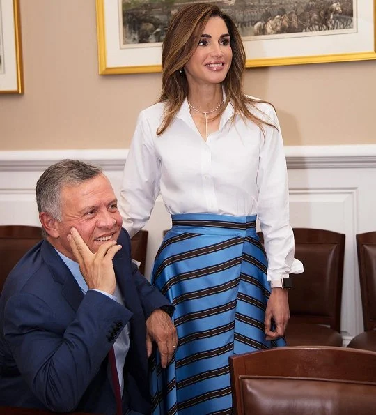 Queen Rania wore a striped satin wrap midi skirt by FENDI. Queen Rania attended a meeting with House Foreign Affairs Committee Chairman Ed Royce