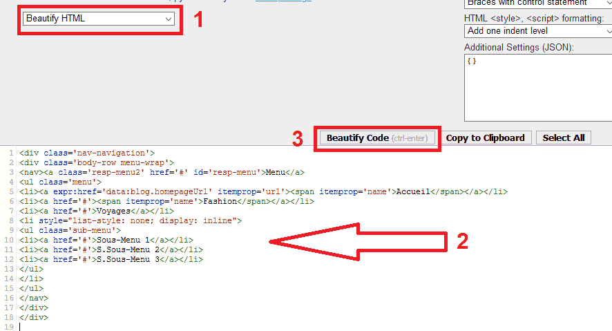 Autoformater un code HTML à l'aide de beautifier.io