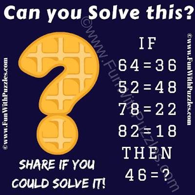 If 64=36, 52=48, 78=22, 82=18 Then 46=?