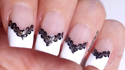French Manicure with Black & Gold Drag Marble Decoration