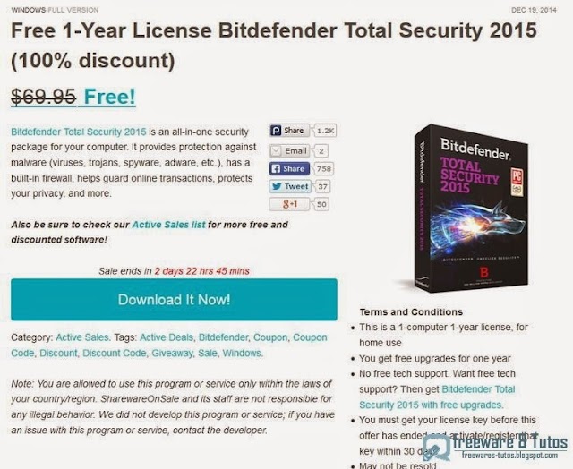 Offre promotionnelle : Bitdefender Total Security 2015 gratuit (licence d'un an) !