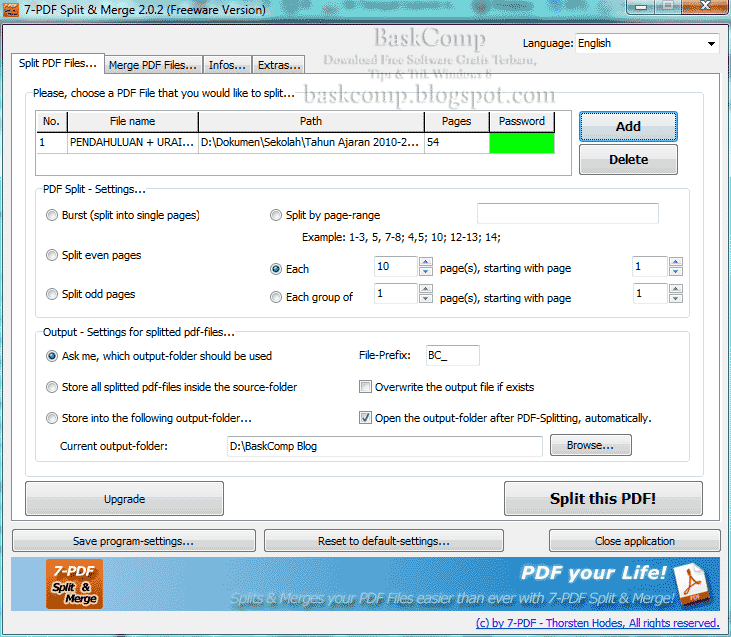 Jendela Split PDF Files... pada software 7-PDF Split & Merge Portable