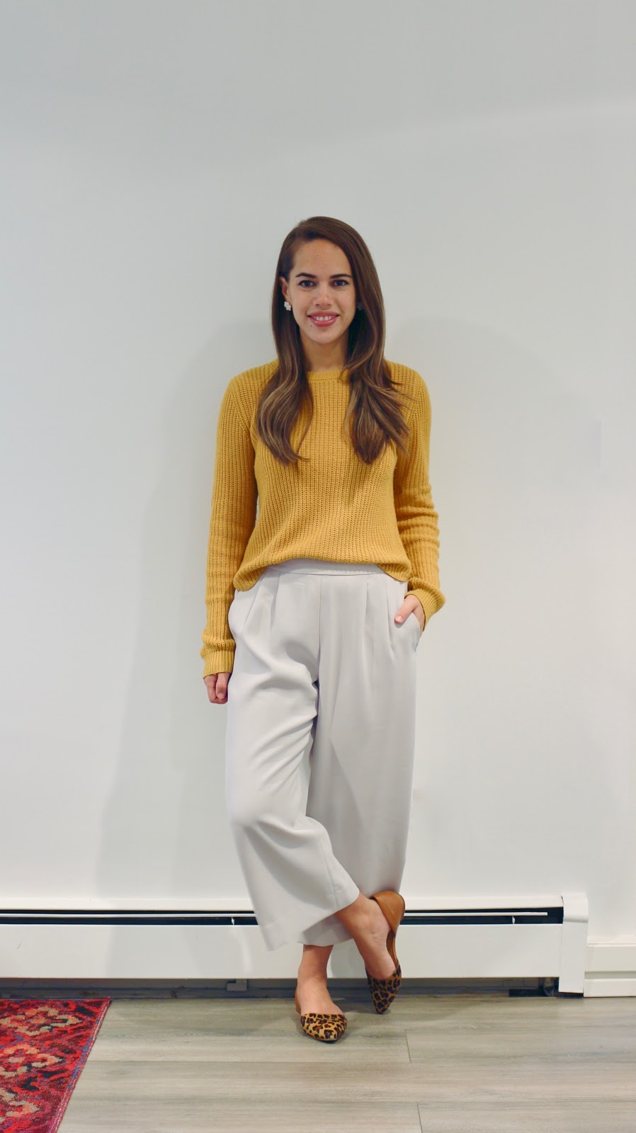 Jules in Flats - Wide Leg Crop Pants with Mustard Sweater (Business Casual Workwear on a Budget) 