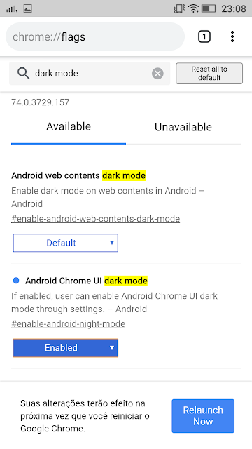 Toque no botão referente a função Android Chrome UI dark mode e selecione a opção Enabled. Depois, reinicie o navegador