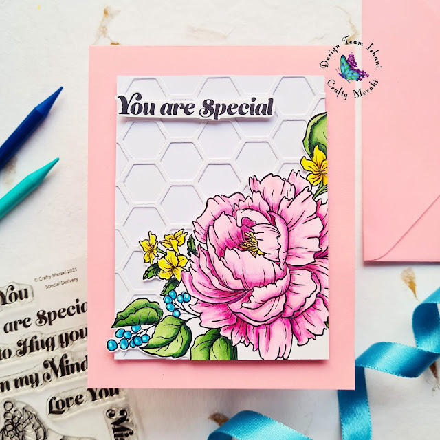 Crafty Meraki, Special Delivery, beehive die, Floral card, Peony coloring, Quillish