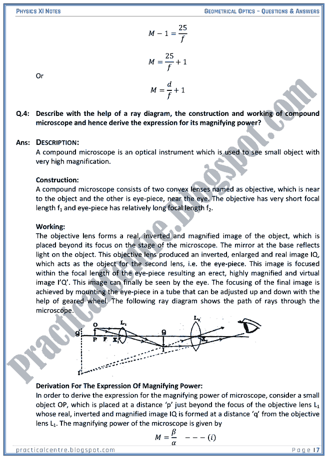 Geometrical Optics Questions & Answers Physics XI Practical Centre