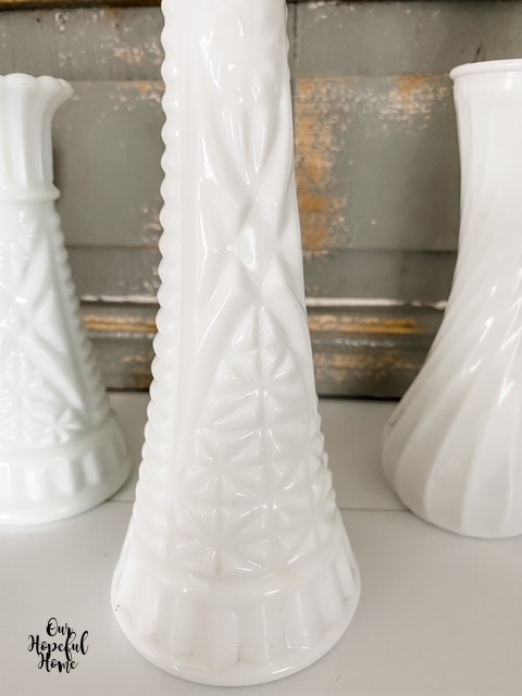 white milk glass bud vase Stars and Bars pattern
