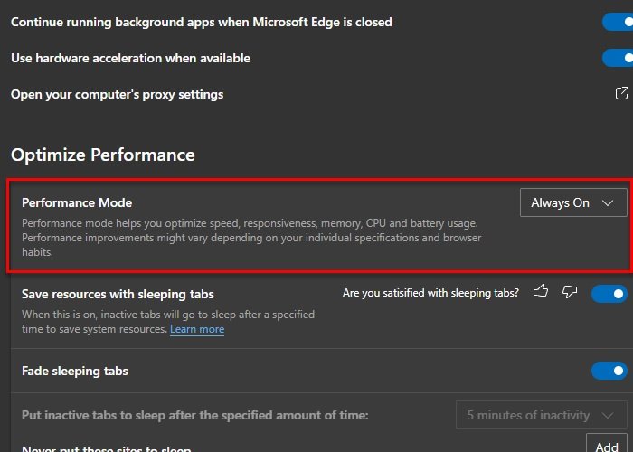 Cómo deshabilitar o habilitar el modo de rendimiento en Microsoft Edge
