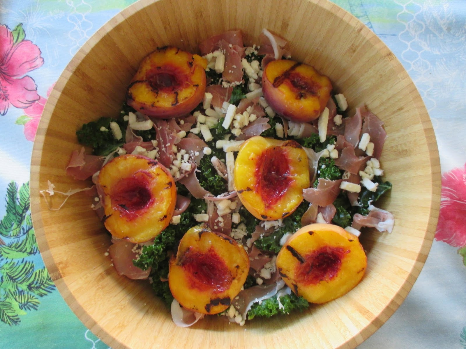 ThisIsWhyKtcIsHot Grilled Peach and Kale Salad with Prosciutto and Feta