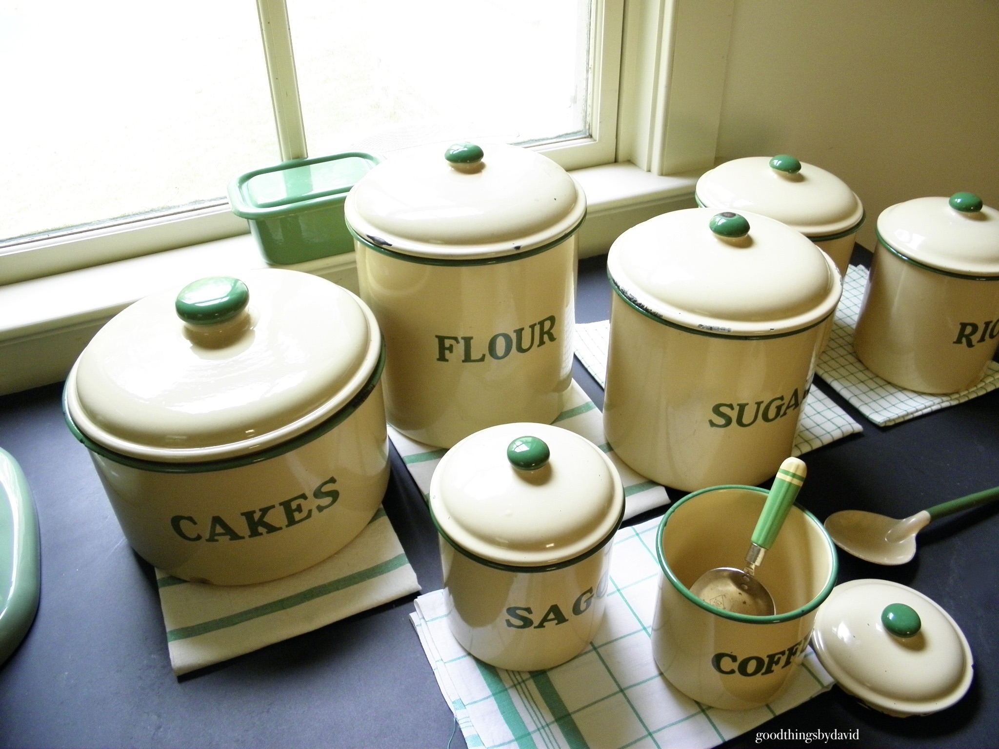 Vintage Cream and Green Enamelware Canisters