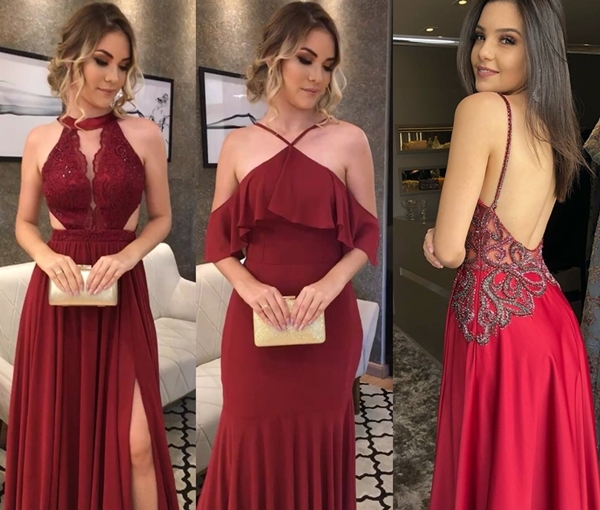 vestidos longos na cor marsala