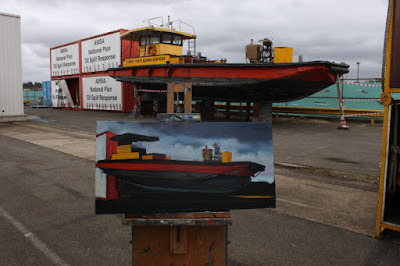 plein air oil painting of the 'Poolya' work boat at Glebe Island by artist Jane Bennett