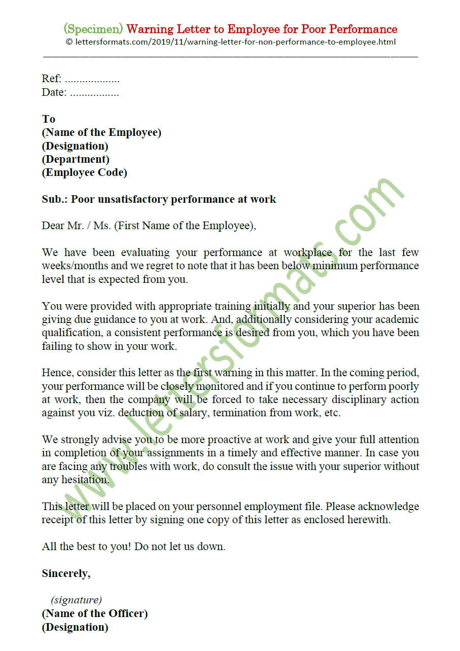 Sample Warning Letter To Employee For Poor Performance