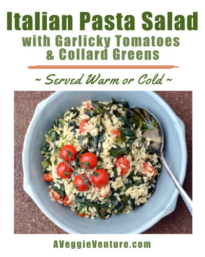 Italian Pasta Salad with Garlicky Tomatoes & Collard Greens, another healthy refrigerator salad ♥ AVeggieVenture.com. Vegan. Weight Watchers Friendly.