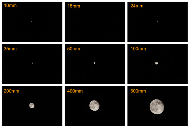 Showing 9 lunar images at focal lengths from 10mm to 600mm