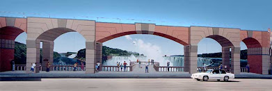 Exterior wall mural with arch and fountains