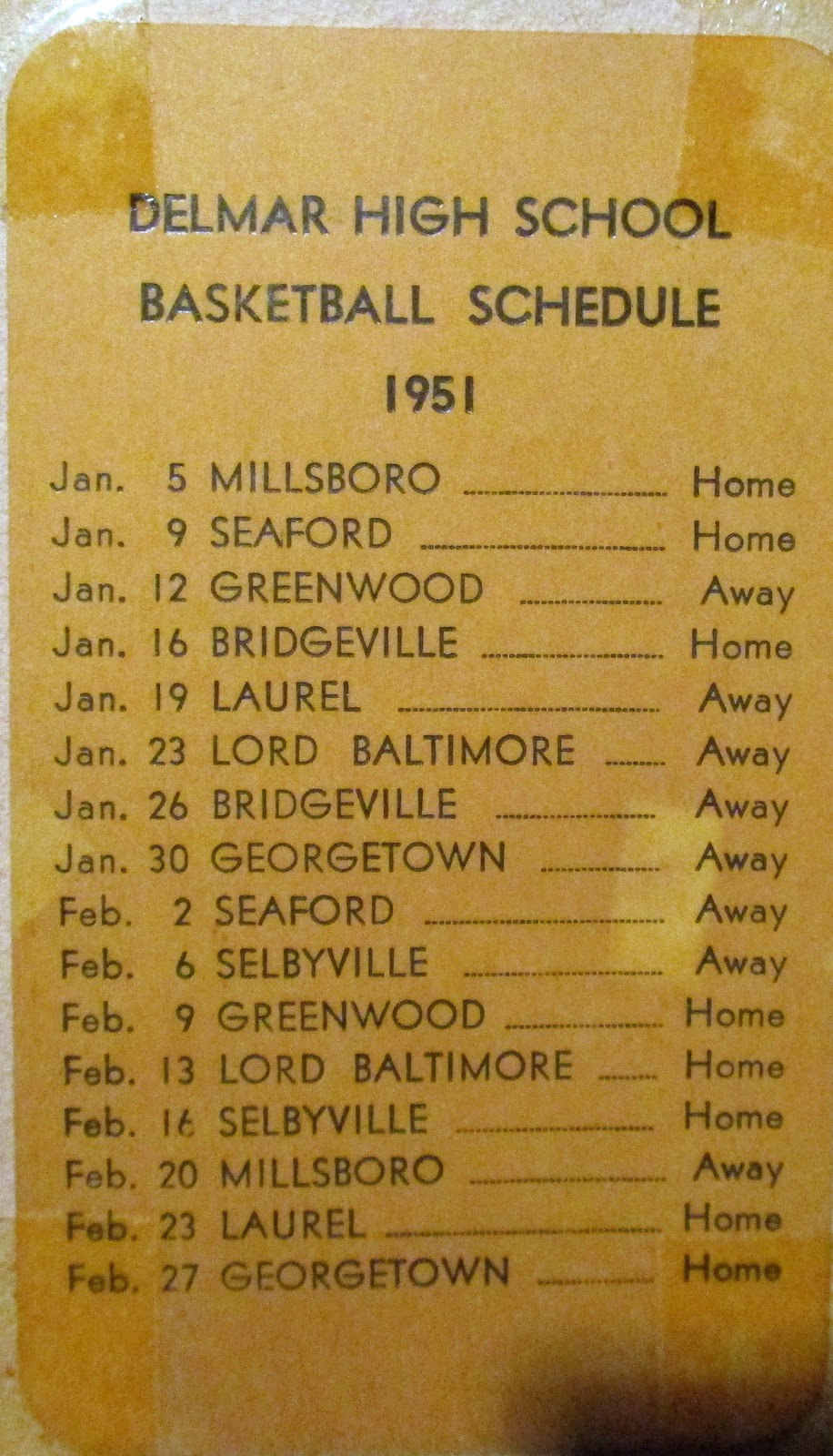Delmar Historical And Art Society: 1951 Delmar High School Basketball Schedule