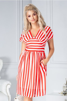 Rochie Alma alba cu dungi rosii de zi sau birou Rochie Alma alba cu dungi rosii de zi sau birou