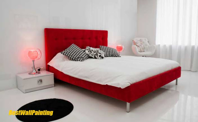 Red Bedding Set and White Bedroom Wall