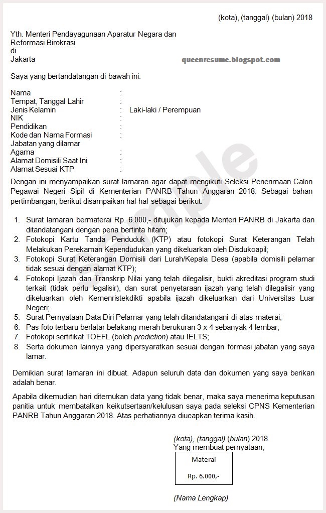 Contoh Surat Lamaran Cpns 2021 Doc Dan Cara Daftarnya Hami Resume