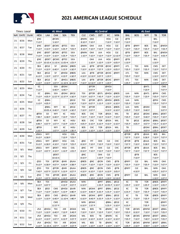MLB, 2021 REGULAR SEASON AMERICAN LEAGUE SCHEDULE