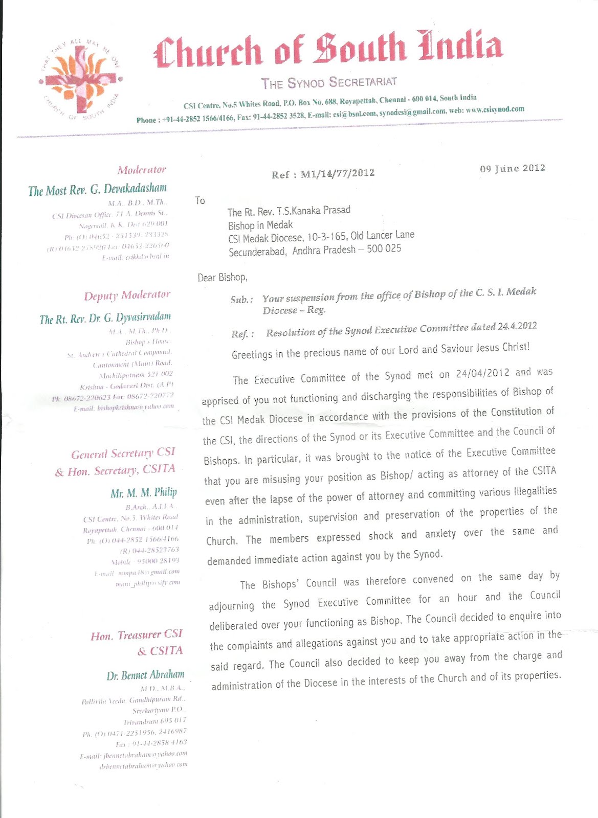 CSI PASS PUTHIYARA CSI SYNOD SUSPENDS MEDAK