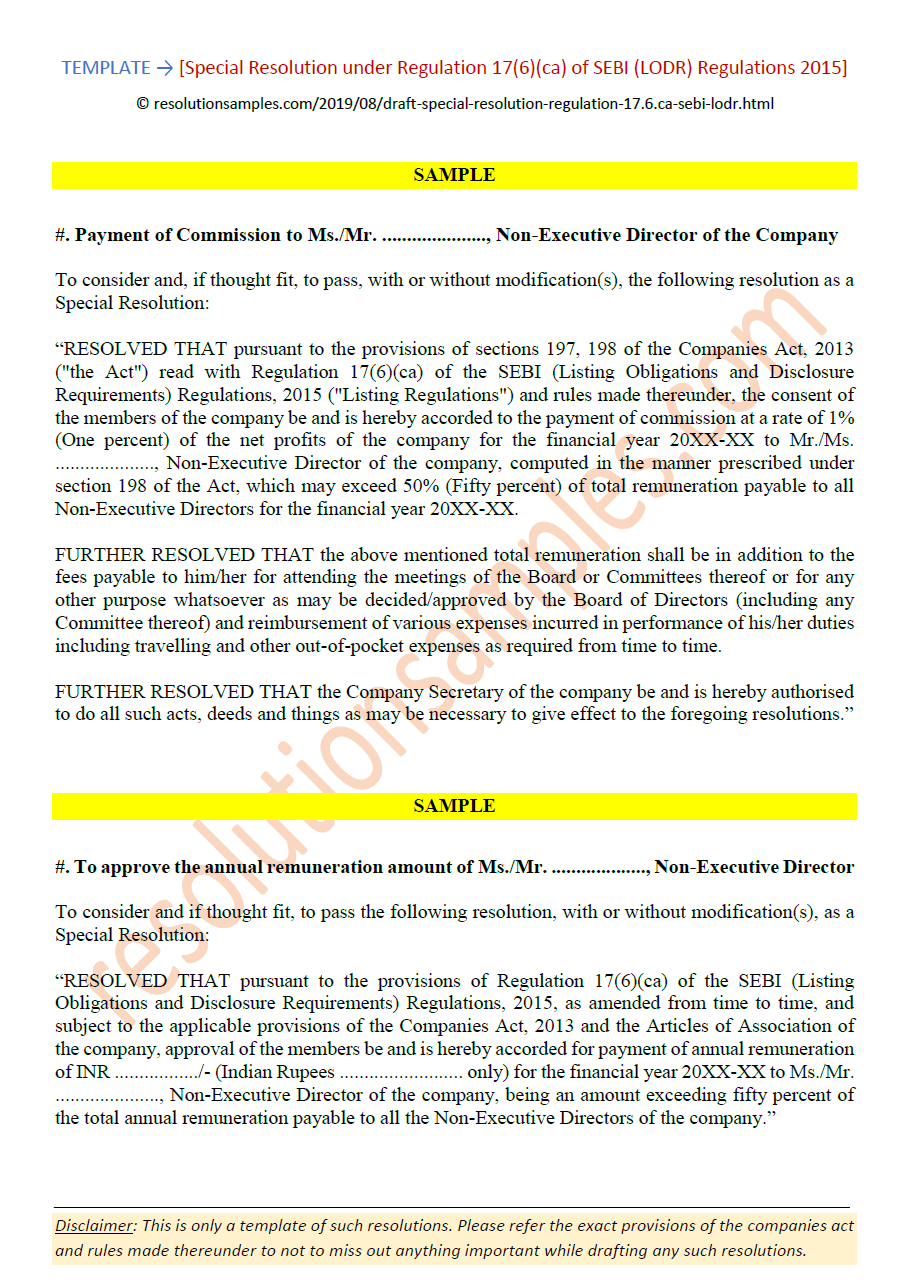 Special Resolution under Regulation 17(6)(ca) of SEBI (LODR)