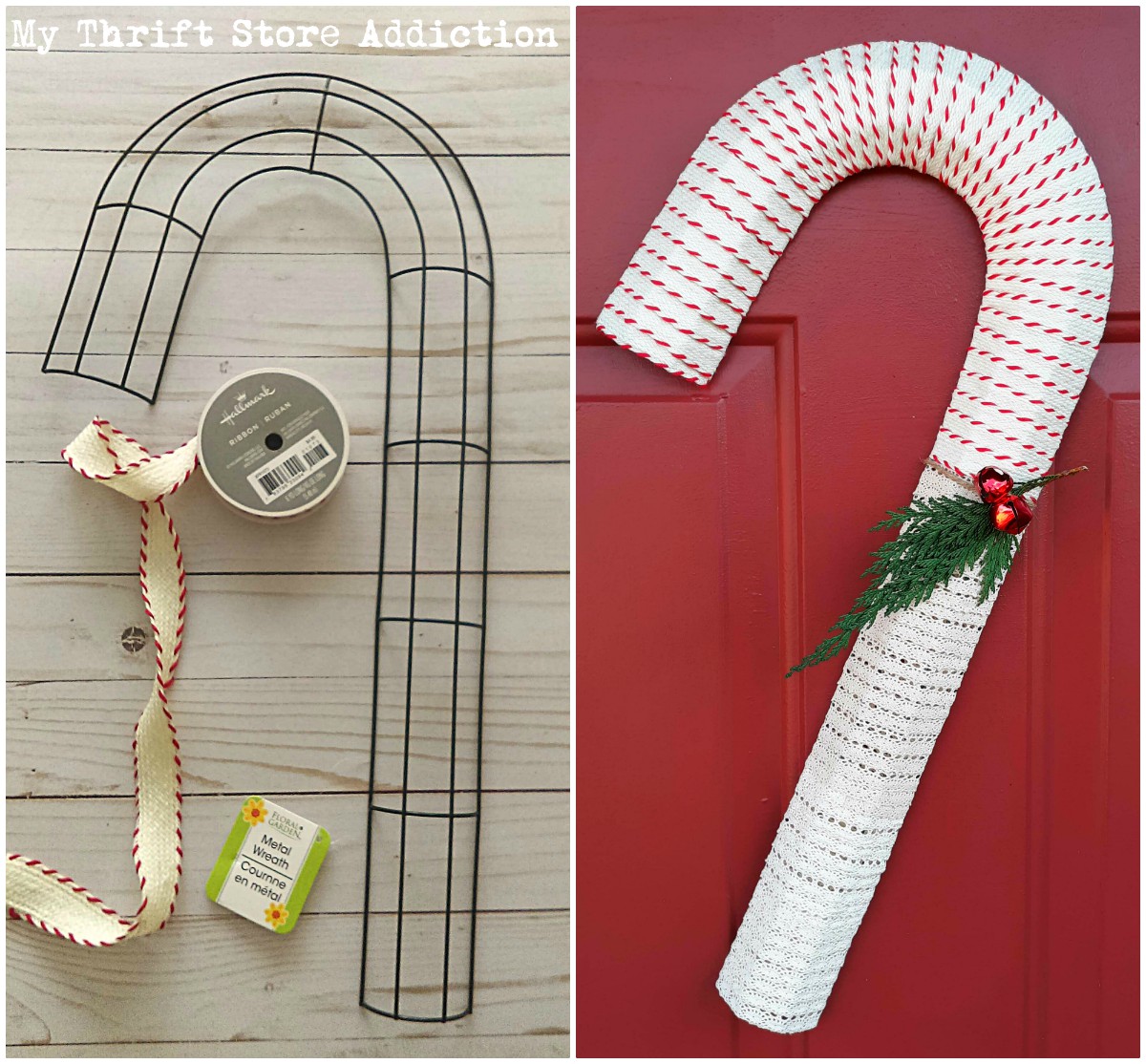 Run to the dollar store to grab a candy cane wire form so you can create one of these farmhouse style wreaths! DIY dollar store candy cane wreath