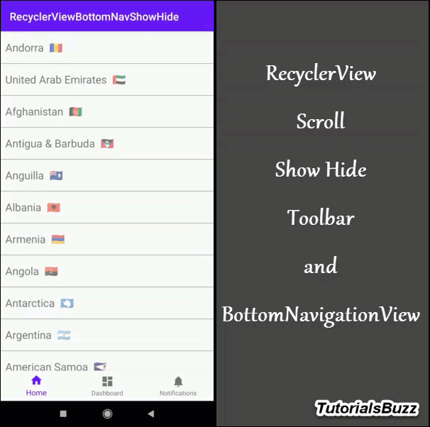 TutorialsBuzz: Android RecyclerView OnScroll Show Hide Toolbar  BottomNavigationView