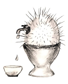 image of Creative Egg, a touchy subject . Egg with spikes and a tap to collect the creative juices cought in a bow © Corina Duyn, pencil drawing 1999