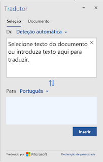 Na janela temos a opção de traduzir todo o documento ou parte do mesmo. Podemos ainda escolher o idioma a ser traduzido, o para ser traduzido e inverter a ordem de tradução. 