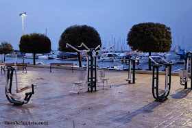 outdoor gym with view of harbor harbour Umag Croatia