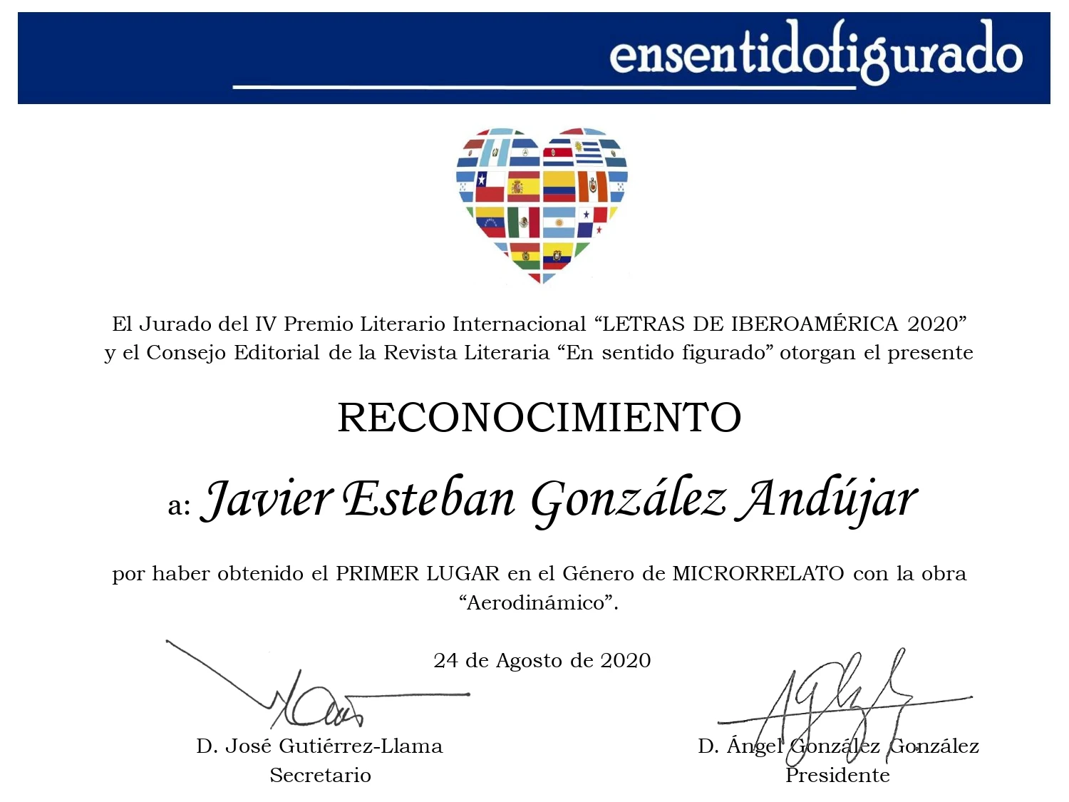 Diploma del IV Premio Letras Iberoamérica 2020 - Javier Esteban González Andújar