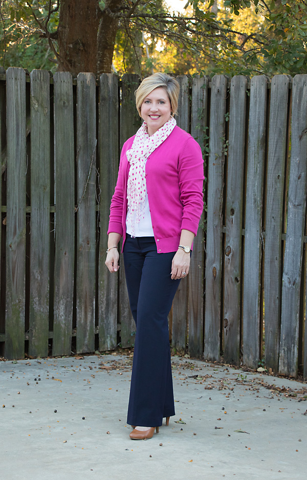 bright color outfits, hot pink cardigan, cardigan outfit, hot pink and navy outfit, navy pants outfit