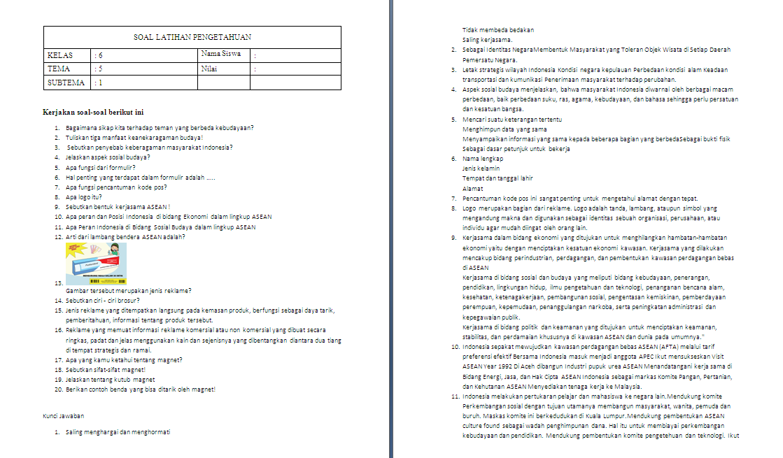 Soal Ulangan Harian Kelas 6 Tema 5