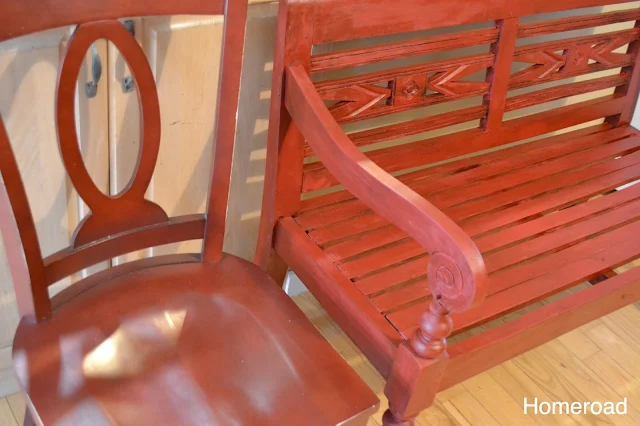 Matching the chairs in the kitchen perfectly using chalky red paint and dark wax