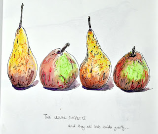 Ink and watercolour pears