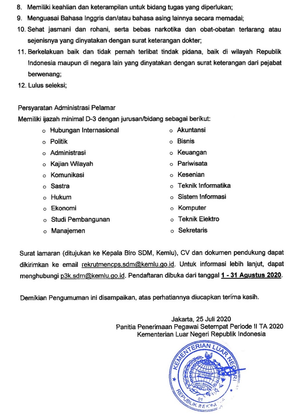 Lowongan Kerja Pegawai Setempat Kementerian Luar Negeri Republik Indonesia Agustus 2020