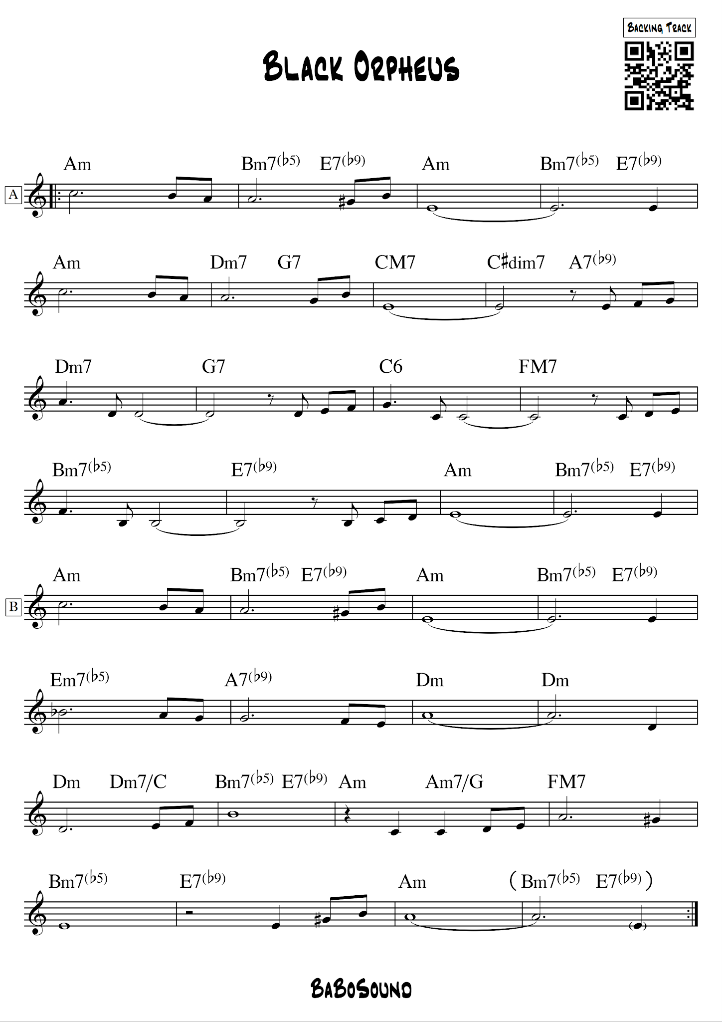 Delicious Guitar Black Orpheus Lead Sheet With QR Code