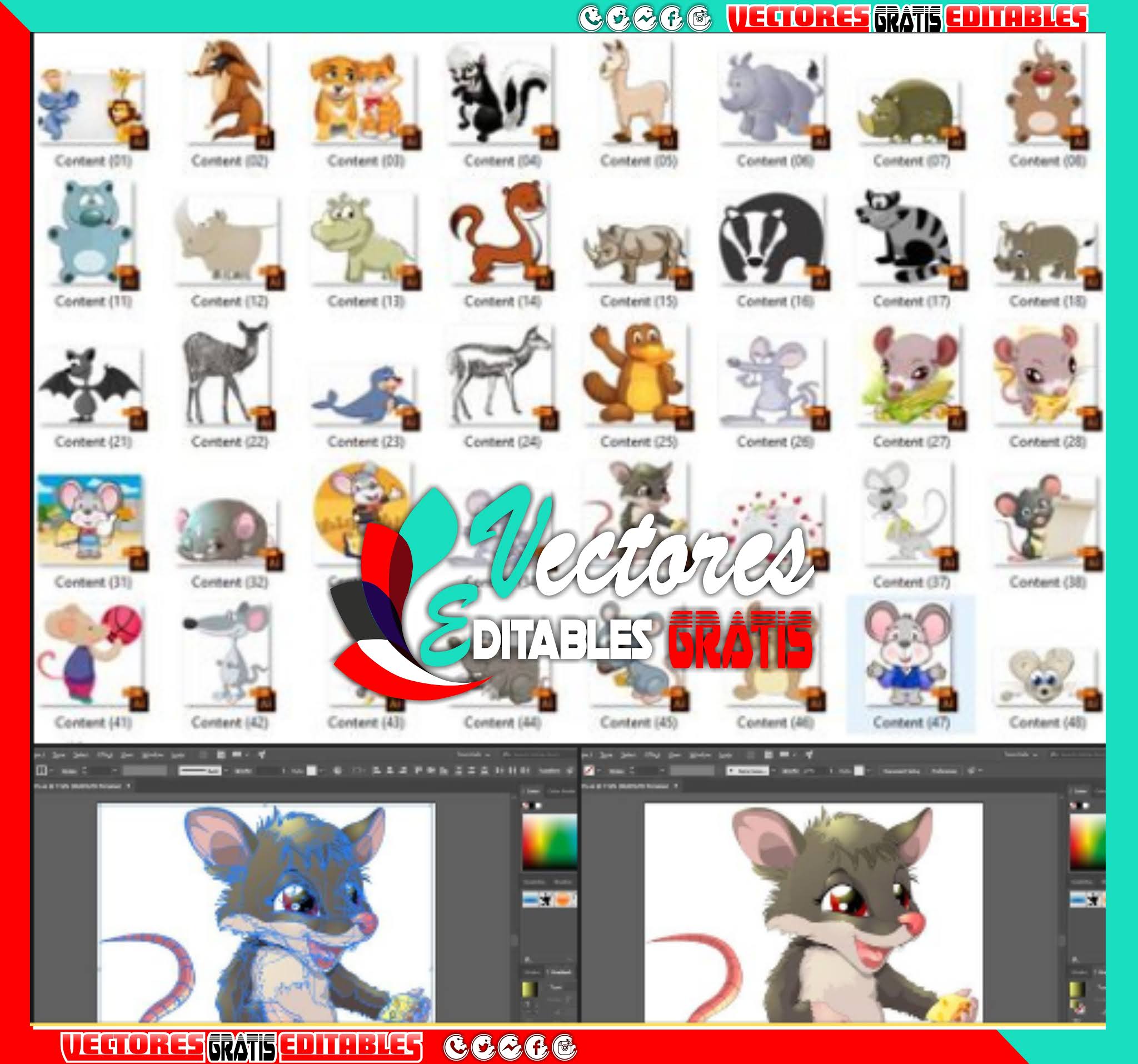 52 vectores en Illustrator de Animales Animados, caricaturescos.