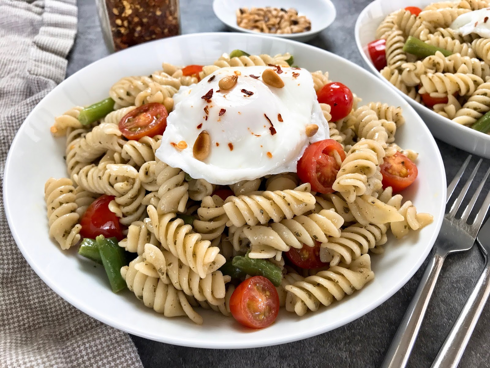 Pesto Pasta Salad with Poached Egg