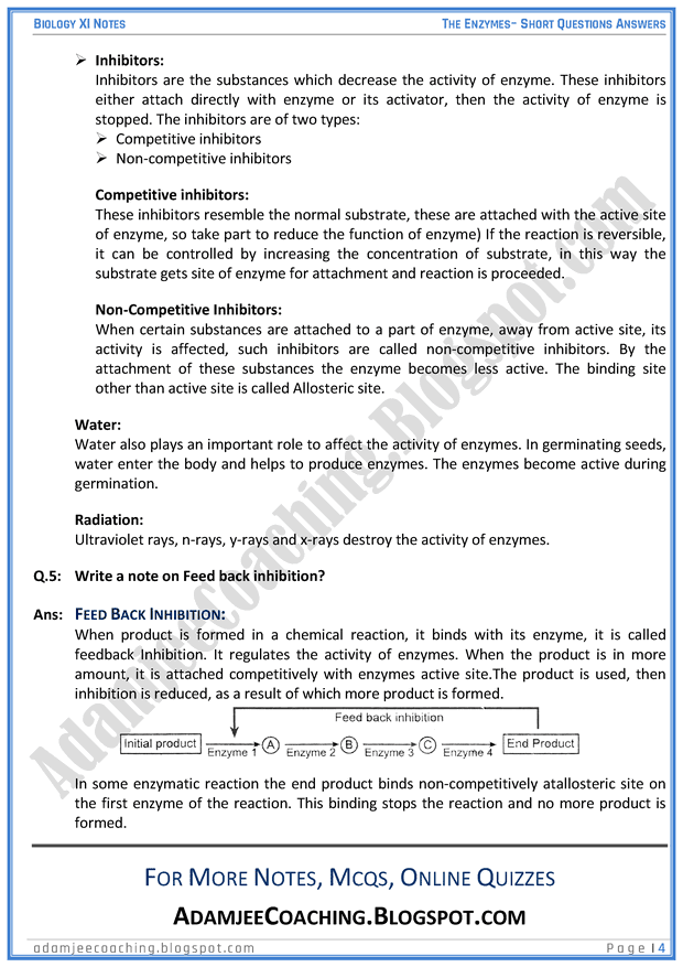 Adamjee Coaching The Enzymes Short Question Answers Biology 11th